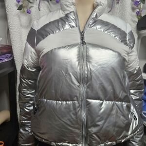 Sports Illustrated Swim Silver Gray Puffer Jacket with Futuristic Gloss